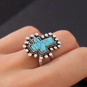 Turquoise and Silver Cross Ring